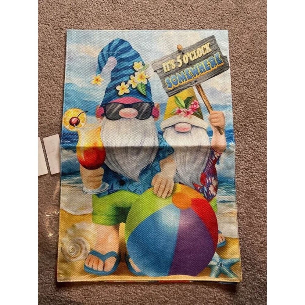 It’s 5 o’clock Somewhere Beach Gnomes Double sided Garden Flag 12”x18”